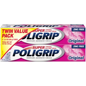 Poligrip Super Twin Pack Denture Adhesive Cream Zinc Free, Original