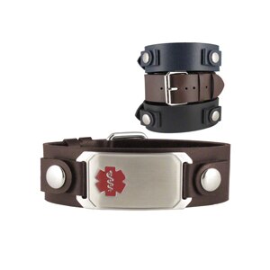 American Medical ID Bracelet Stainless Large Leather Flex Red Brown
