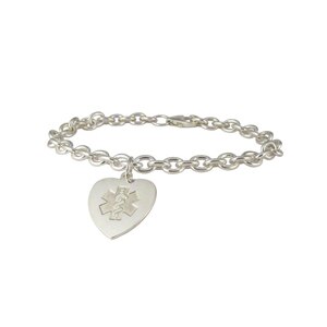 American Medical ID Bracelet Silver Emboss Heart Charm Bracelet 8