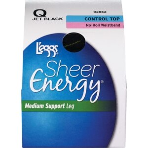 L'eggs Sheer Energy Medium Support Leg Control Top Pantyhose, Size Q, Jet Black