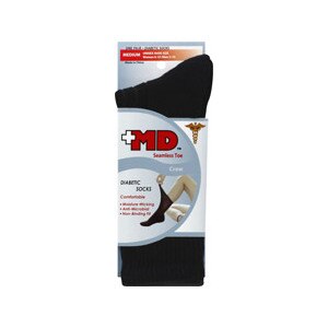 +MD Seamless Toe Diabetic Crew Socks Black Medium