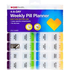 CVS Health 4-A-Day Weekly Pill Planner with Easy Press N' Open Buttons. 