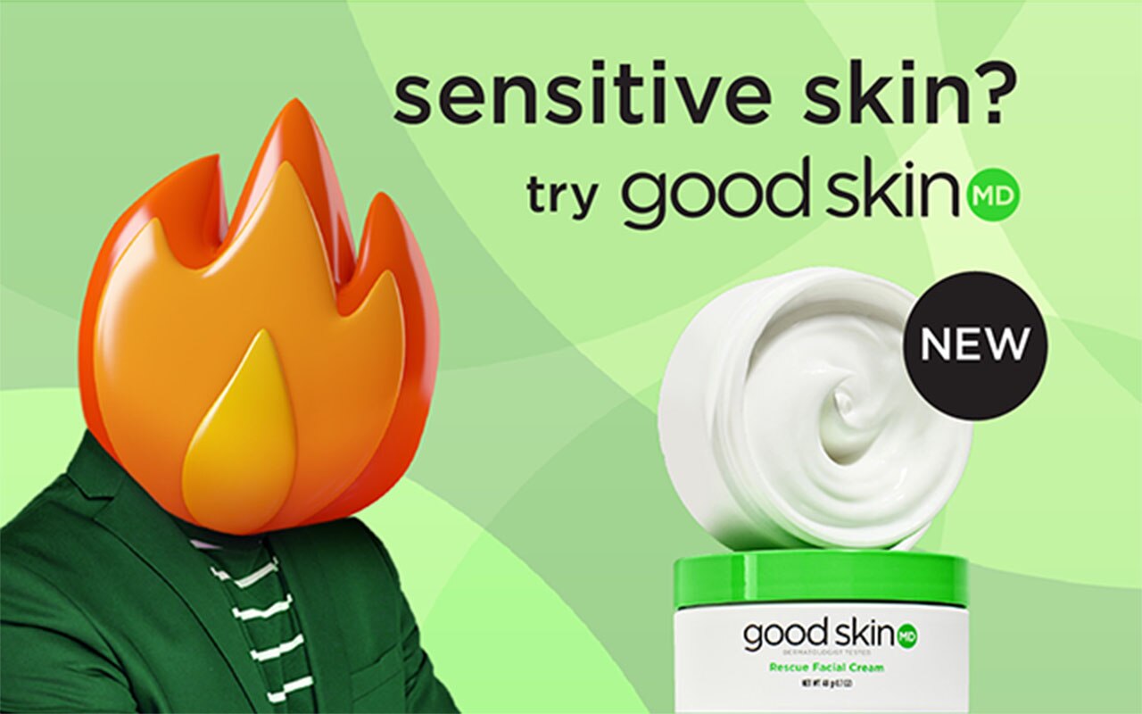 Sensitive skin? Try Goodskin MD. New. Product shot of Goodskin MD Rescue Facial Cream.