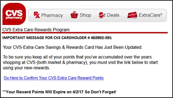 Correo electrónico fraudulento: "Attn: Your CVS Extra-Care Card Will Expire on 3/30/17. Retain-Points for Card #3013"