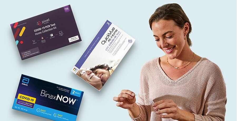 image of several home test kits and a woman looking at a test result and smiling