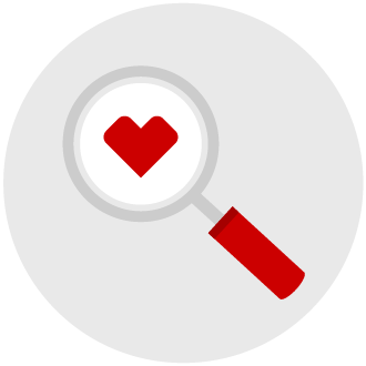 pictogram of a magnifiying glass with a heart in the circle