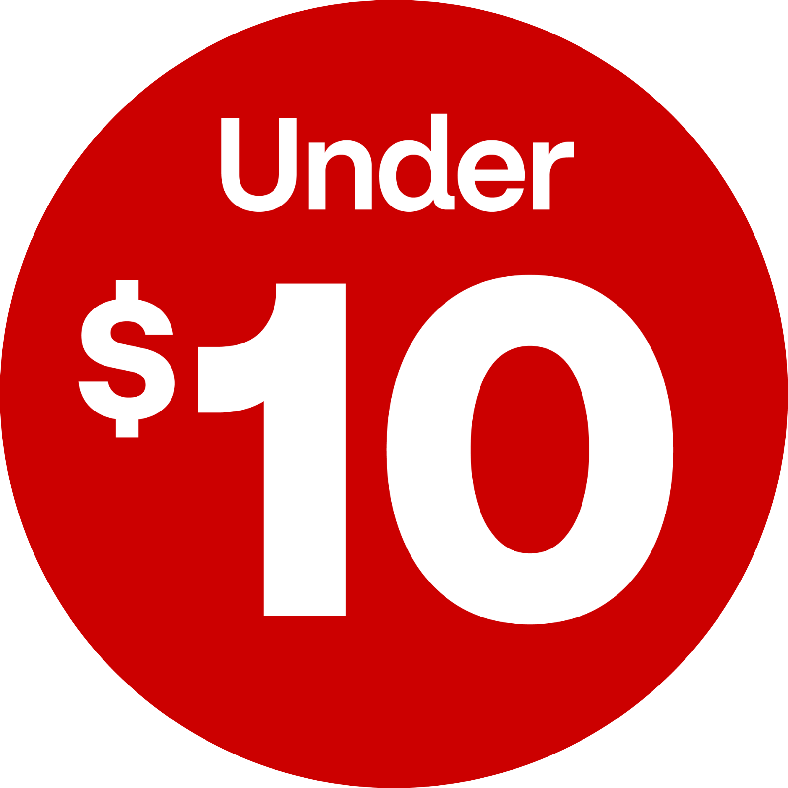 a red circle with Under $10