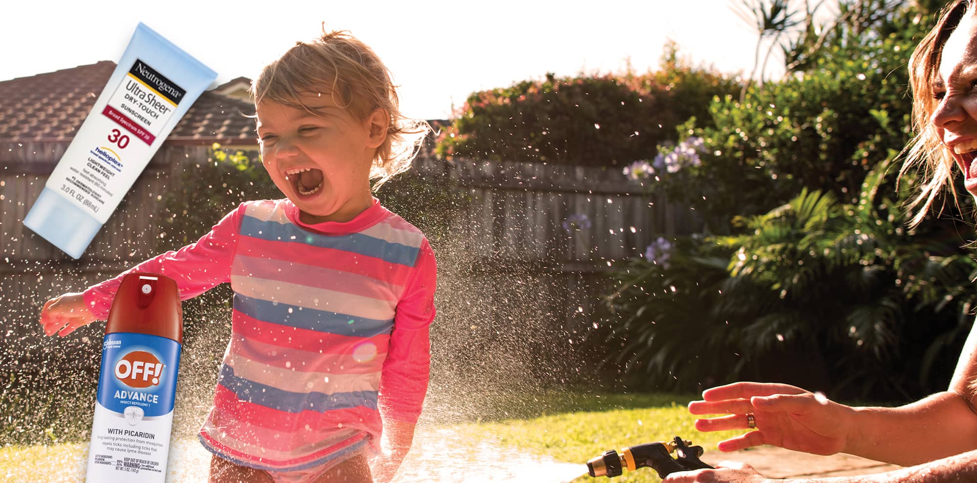 image of a young boy enjoying water from a hose sprayer and examples of outdoor protection products