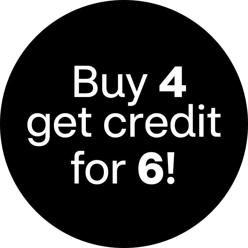 a black circle with buy 4, get credit for 6