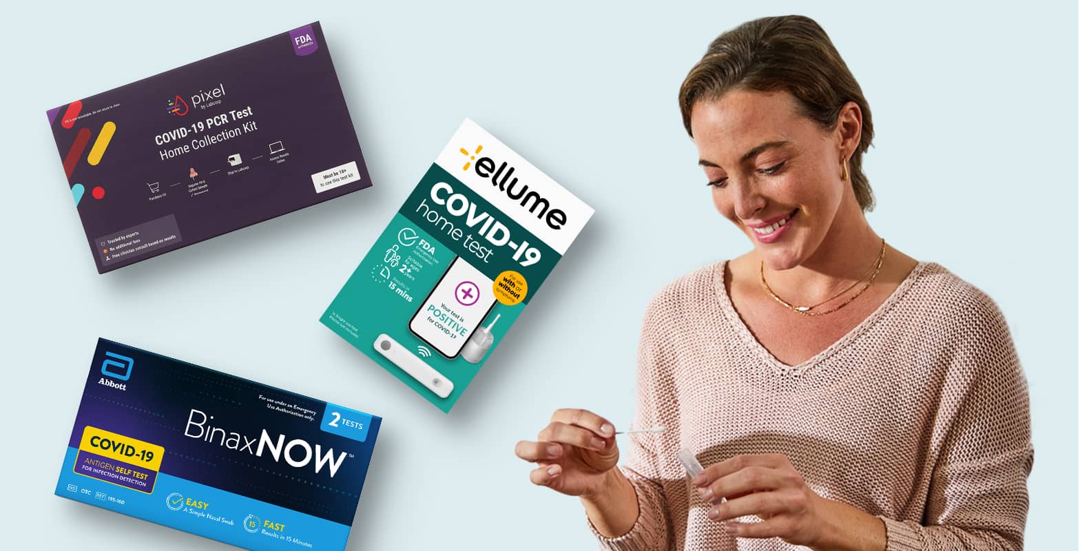 Packages of at-home Covid-19 tests, the logo for HSA/FSA eligible and a woman removing a swab from its sleeve