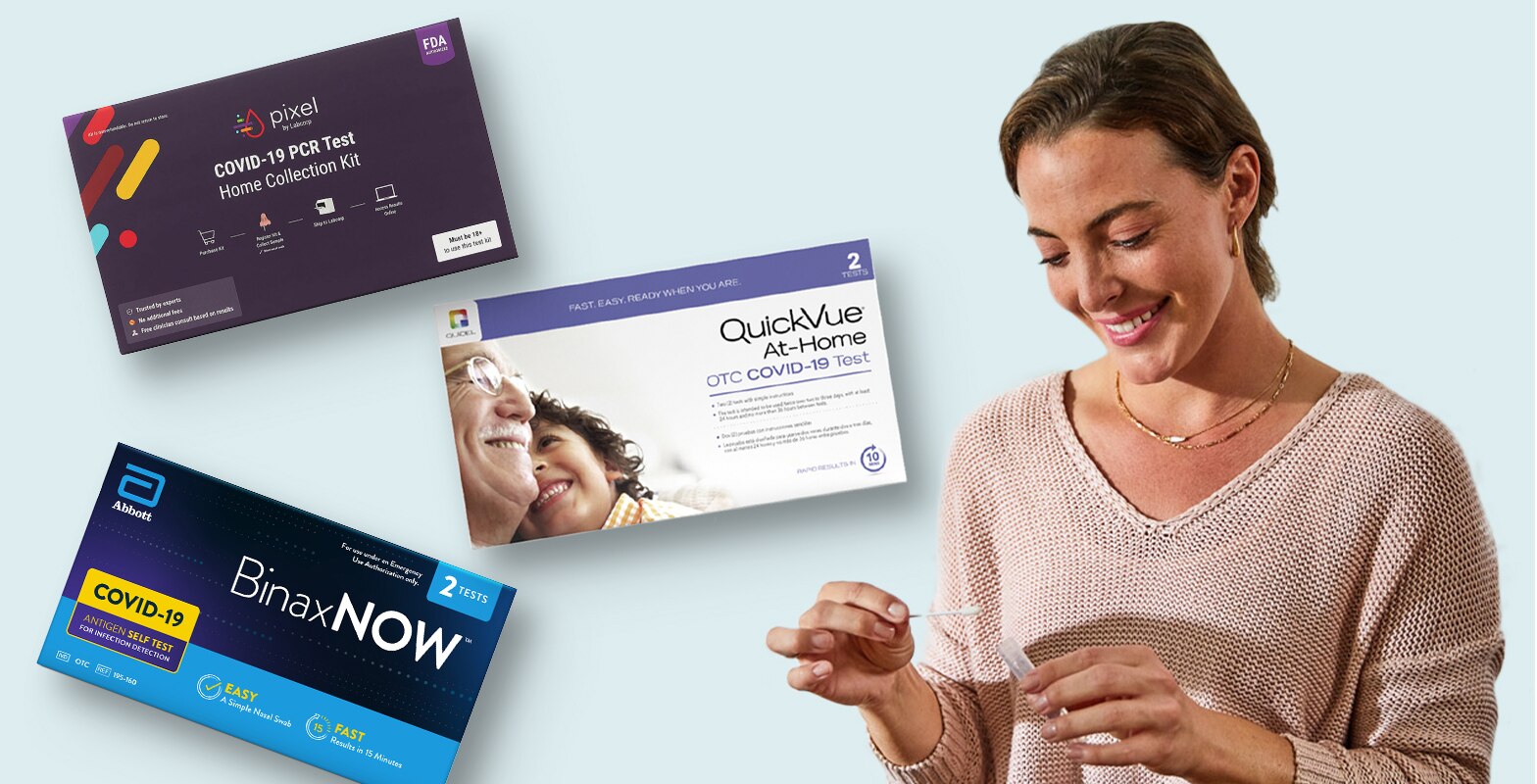 Shop for at-home COVID-19 test kits, showing a woman checking test results, logo for HSA/FSA Eligible