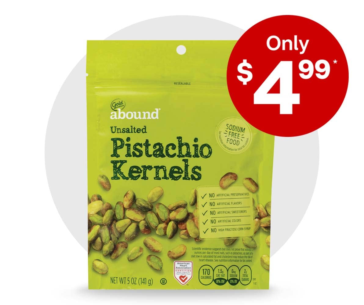 Shop for select nuts and trail mix, Gold Emblem abound® Pistachio Kernels, only $4.99* 