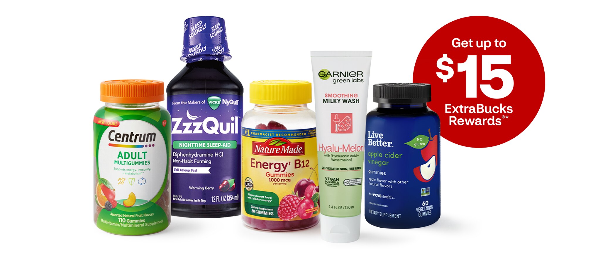 Shop for wellness products, get up to $15 ExtraBucks Rewards®*, showing example products