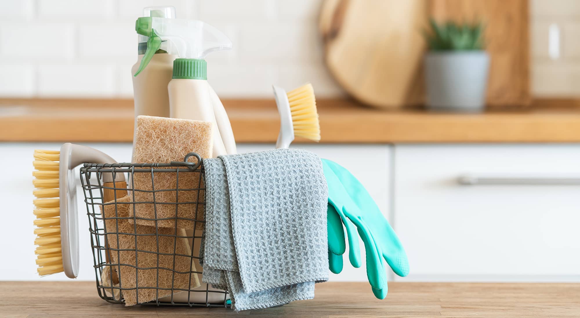 Shop for natural and organic cleaning products, showing a basket of supplies 