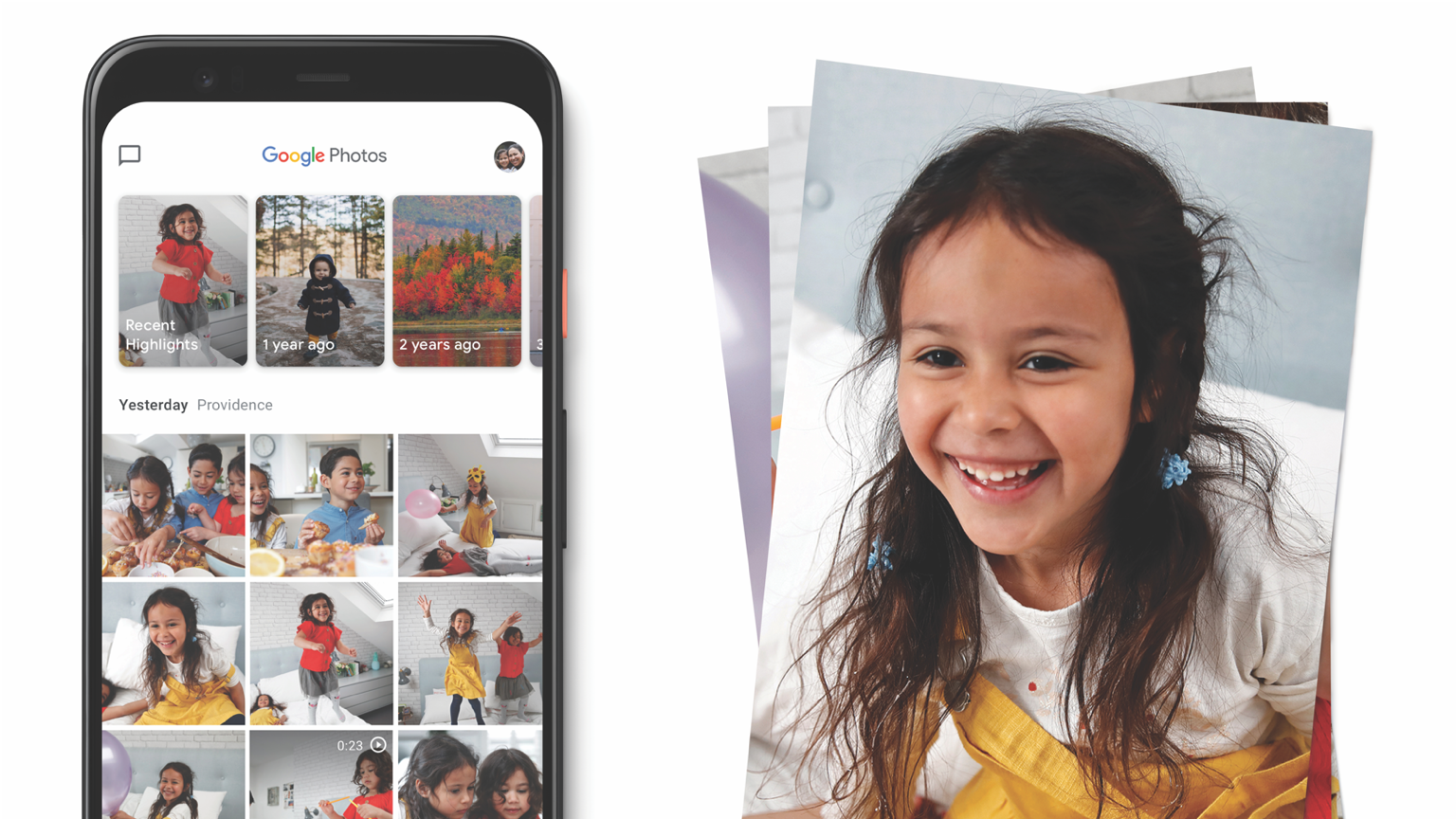 Google Photos Home Screen on a Phone. A stack of photos with a photo of a little girl on top.
