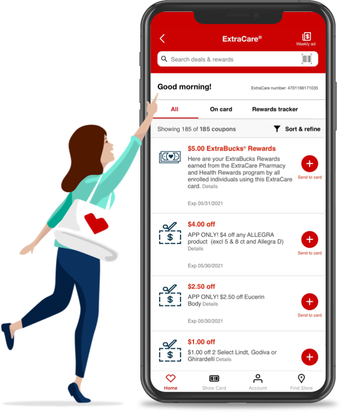 Ilustración de una mujer sonriente interactuando con la aplicación CVS en un teléfono móvil agrandado. Conozca más sobre ExtraCare ahora.