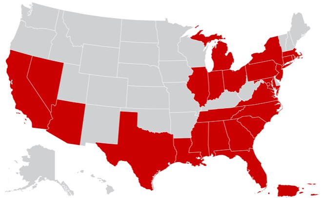 Mapa de Estados Unidos con ejemplos de estados con eventos