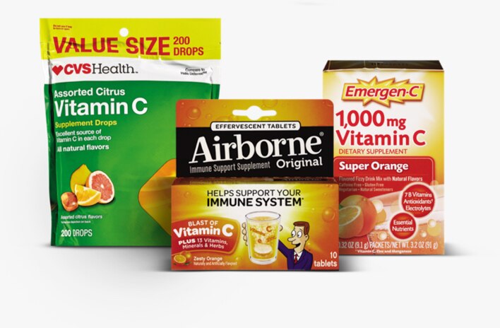 Products include CVS Health Assorted Citrus Vitamin C Supplement Drops, Airborne Immune Support Supplement and Emergen-C Vitamin C Dietary Supplement
