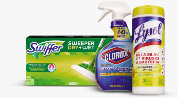 Products include Swiffer Sweeper Dry and Wet, Clorox Cleaner & Bleach and Lysol Disinfecting Wipes