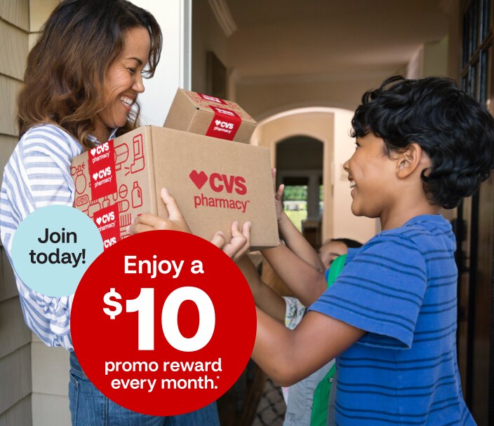 Join CarePass today and enjoy a $10 promo reward every month!* Shown here are a parent and child smiling as they receive a delivery from CVS.
