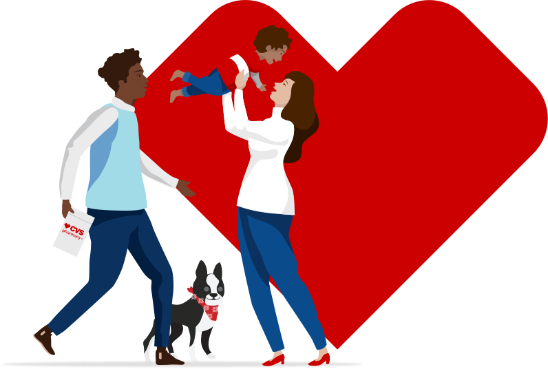Father, mother, son, and dog graphics in front of CVS Pharmacy heart.
