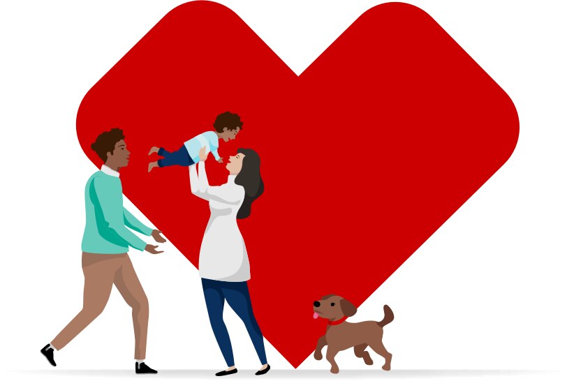 Father, mother, son, and dog graphics in front of CVS Pharmacy heart.