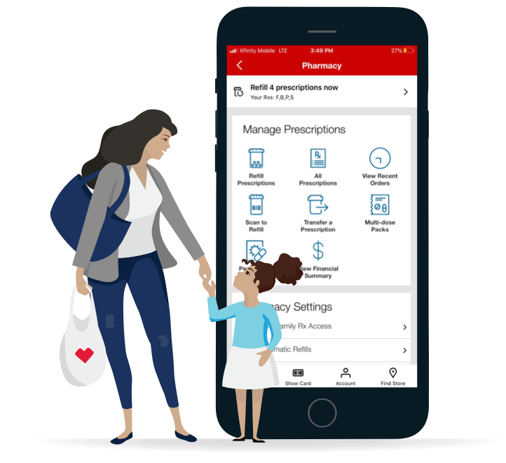 Ilustración de madre e hija comprando en CVS superpuesto a vista grande de la aplicación de control de recetas de CVS en un smartphone.