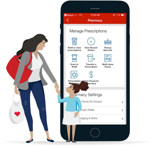 Mother and daughter CVS shopper graphics overlaid to large CVS prescription management app view on smartphone.