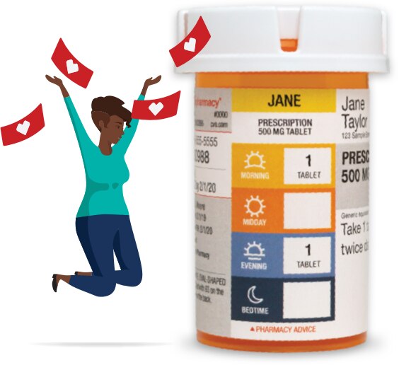 Women celebrating with ExtraBucks rewards in front of a CVS Pharmacy prescription bottle.