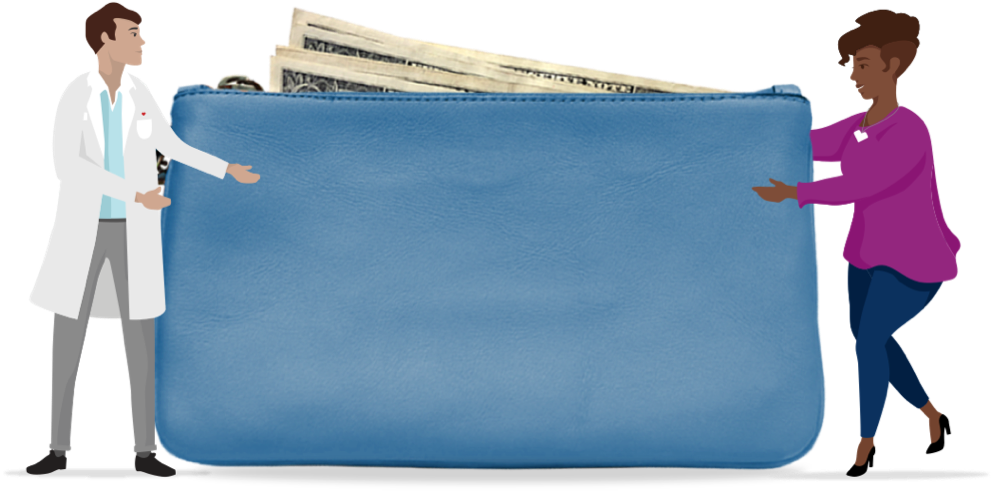 Large realistic wallet image with graphic of woman and CVS pharmacist.