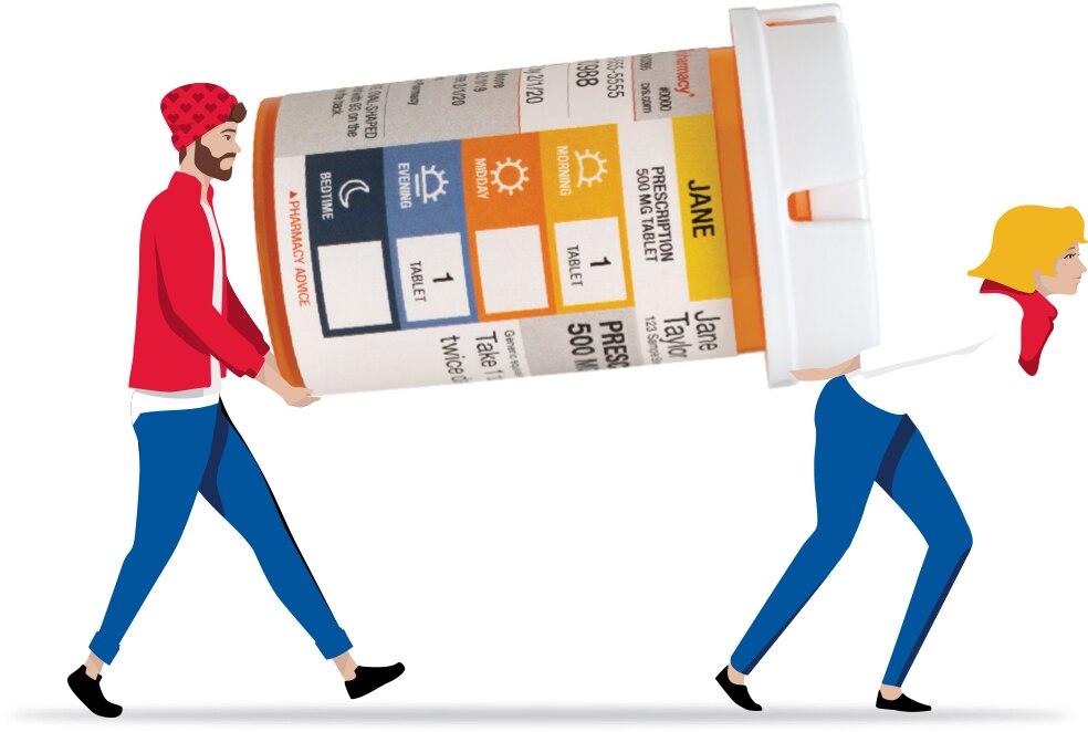 Two graphic CVS customers carrying large, realistic prescription bottle.