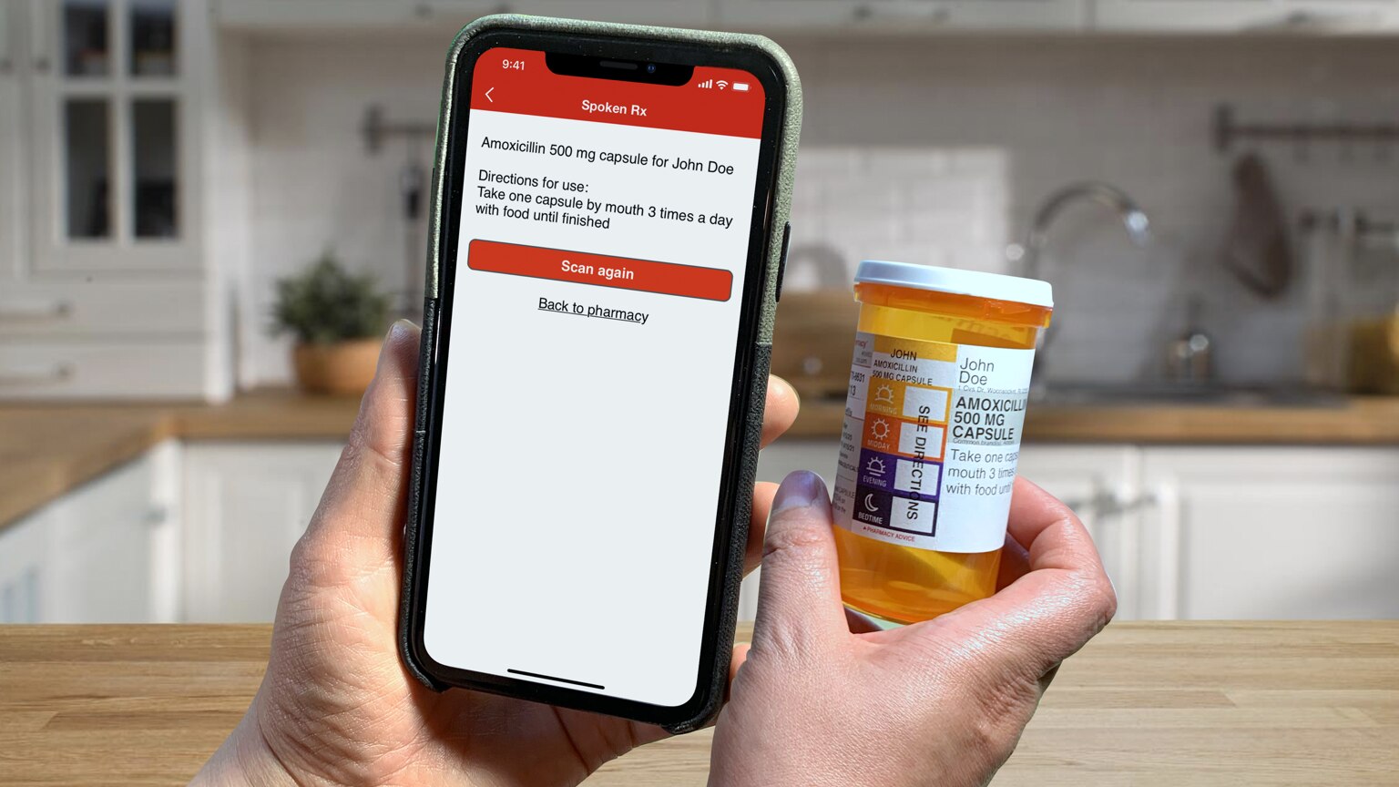 Image of Spoken Rx RIFD-tagged prescription label being read by CVS Pharmacy app