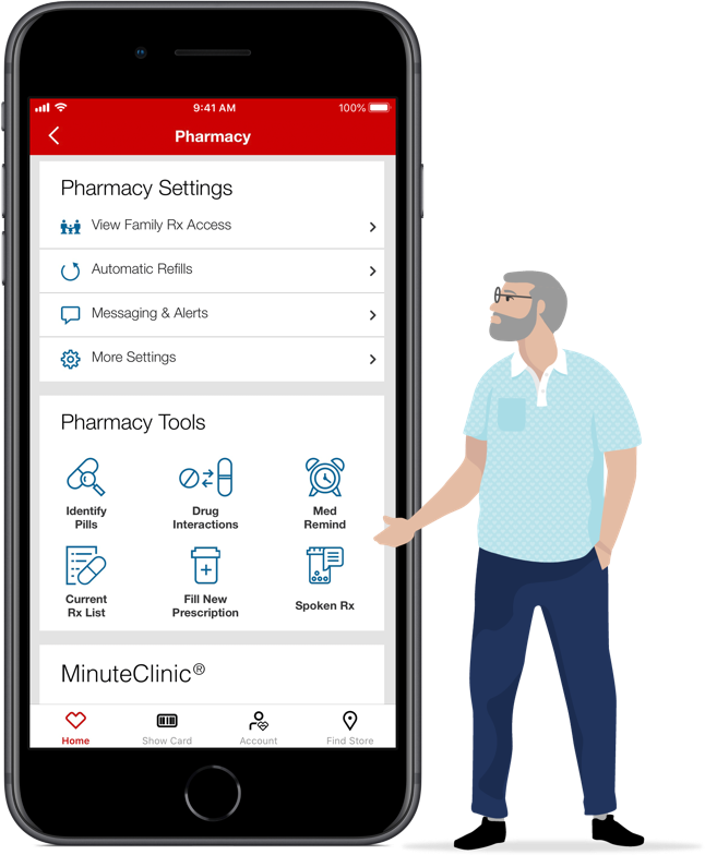 Illustration of man pointing to the Spoken Rx icon in the Pharmacy section of the CVS Pharmacy app