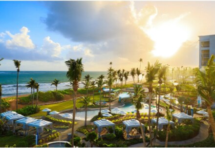 a sunset scene at an oceanside Wyndham resort