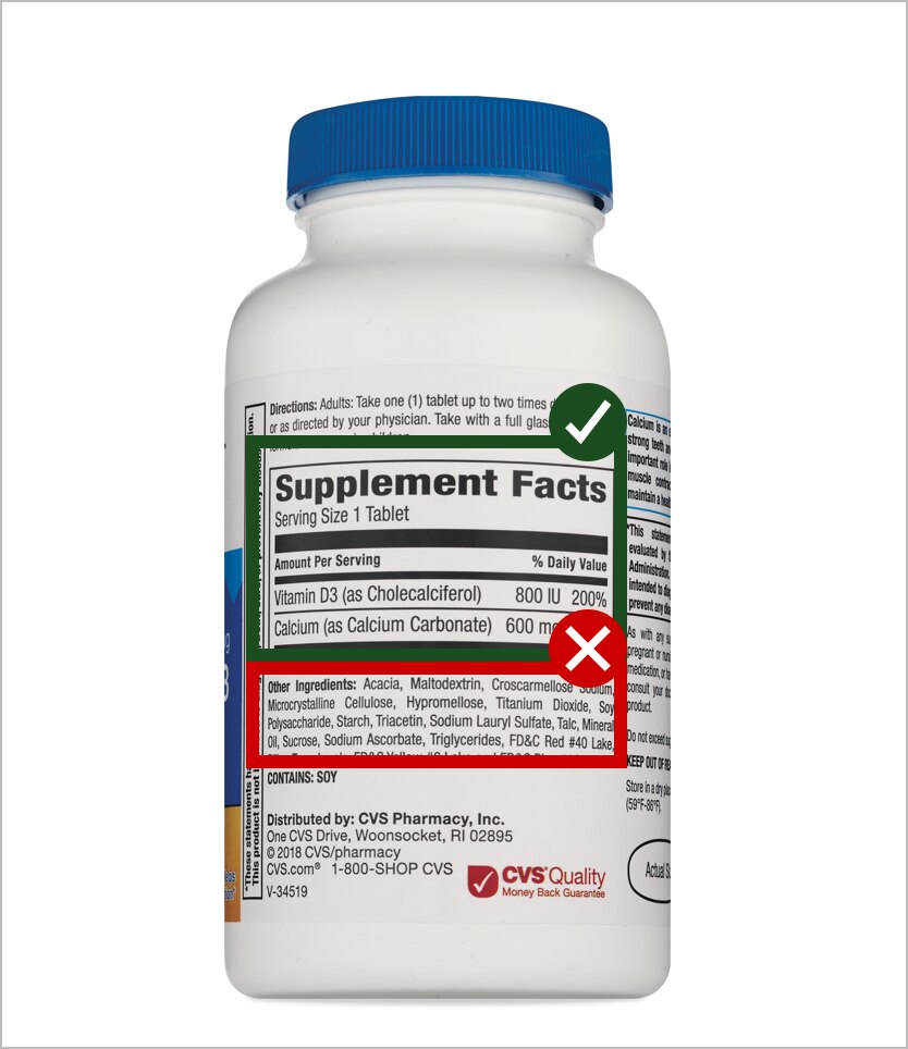 back of pill bottle with check mark on Supplement Facts and X over other ingredients.
