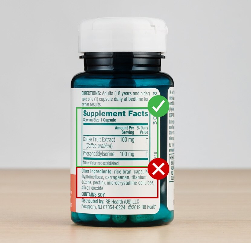 Example of a bottle with Supplement Facts label with a check mark indicating ingredients and amounts that are tested and an X mark indicating other ingredients that aren't tested