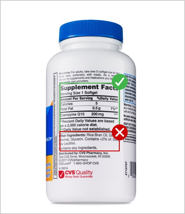 Example of a bottle with Supplement Facts label with a check mark indicating ingredients and amounts that are tested and an X mark indicating other ingredients that aren't tested