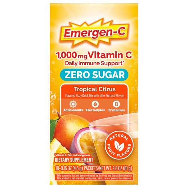 Emergen-C Zero Sugar Tropical Citrus Powder, 18 CT