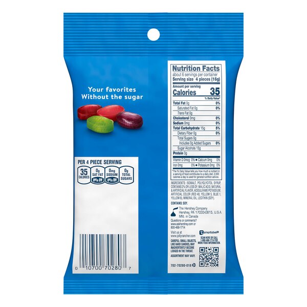 Jolly Rancher Zero Sugar Assorted Fruit Flavored Hard Candy, 3.6 oz