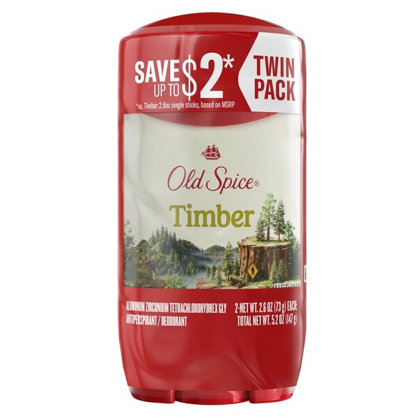 Old Spice All Day Antiperspirant & Deodorant Stick, Timber with Sandalwood, 2.6 OZ, 2 Pack