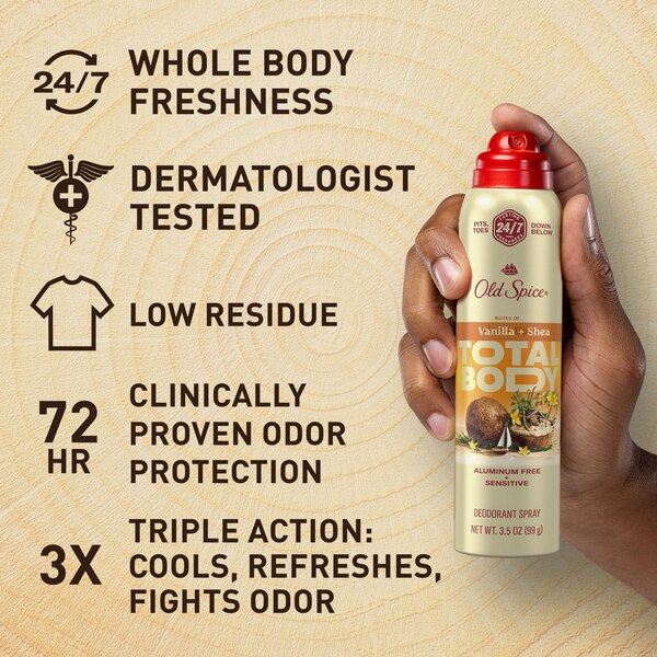 Old Spice Total Body Deodorant Aluminum Free Spray, Vanilla Shea, 3 OZ