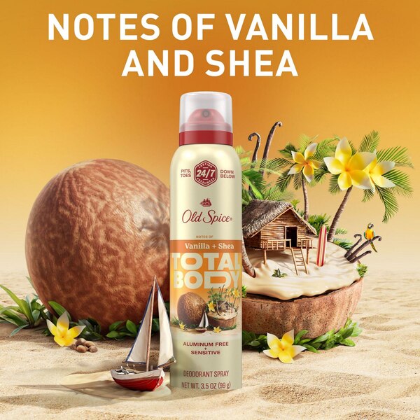 Old Spice Total Body Deodorant Aluminum Free Spray, Vanilla Shea, 3 OZ