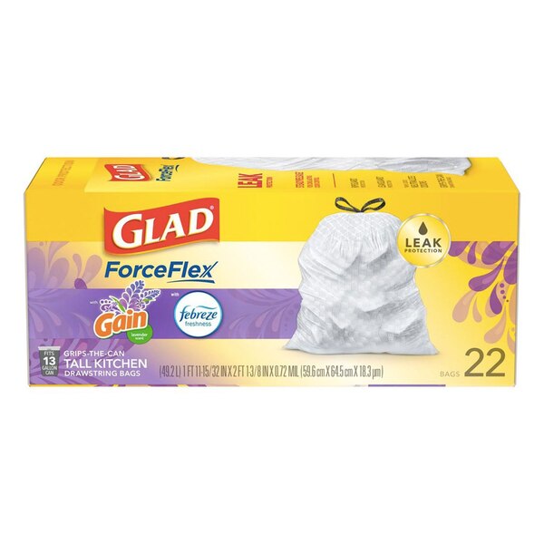 Glad Forceflex Scented Tall Kitchen Drawstring Trash Bags, Gain Lavender, White, 13 Gallon, 22 CT