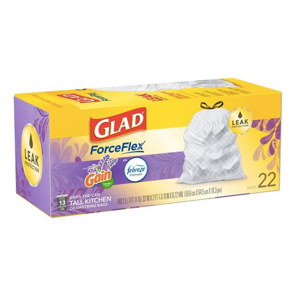 Glad Forceflex Scented Tall Kitchen Drawstring Trash Bags, Gain Lavender, White, 13 Gallon, 22 CT