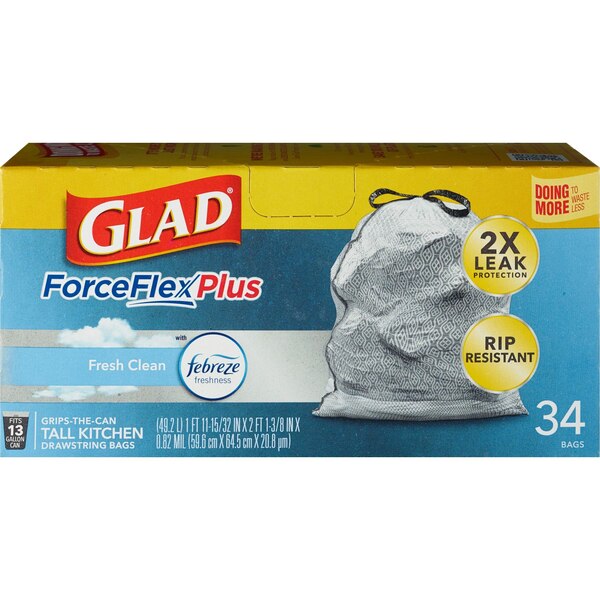 Glad ForceFlex Plus Tall Kitchen Drawstring Trash Bags, Fresh Clean Scent, 13 Gallon, 34 ct