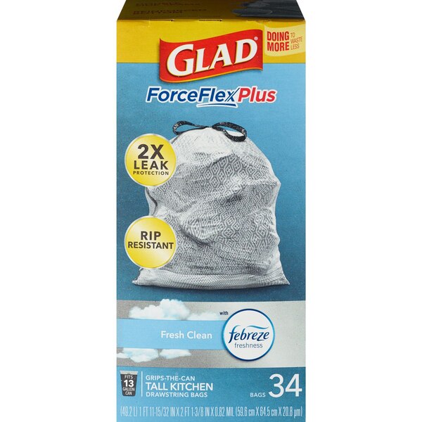 Glad ForceFlex Plus Tall Kitchen Drawstring Trash Bags, Fresh Clean Scent, 13 Gallon, 34 ct