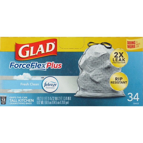 Glad ForceFlex Plus Tall Kitchen Drawstring Trash Bags, Fresh Clean Scent, 13 Gallon, 34 ct