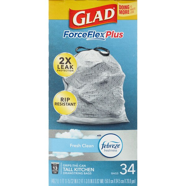 Glad ForceFlex Plus Tall Kitchen Drawstring Trash Bags, Fresh Clean Scent, 13 Gallon, 34 ct
