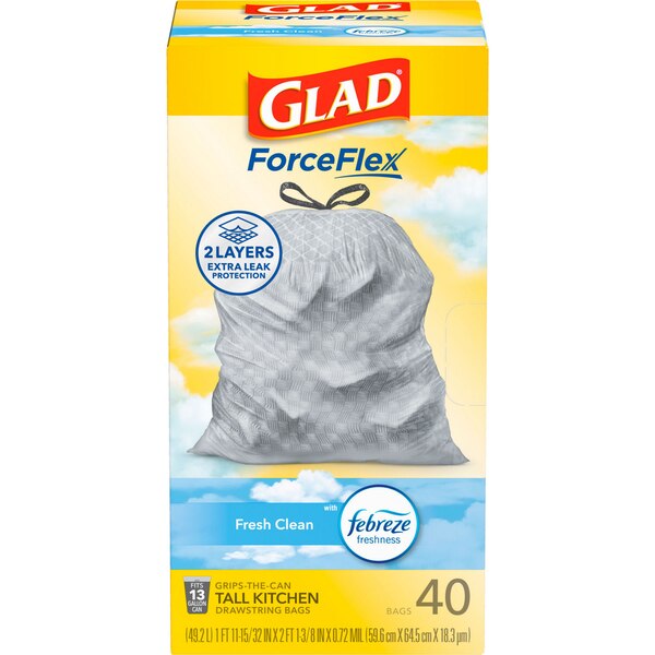 Glad ForceFlex Tall Kitchen Trash Bags, 13 Gal Drawstring, scented