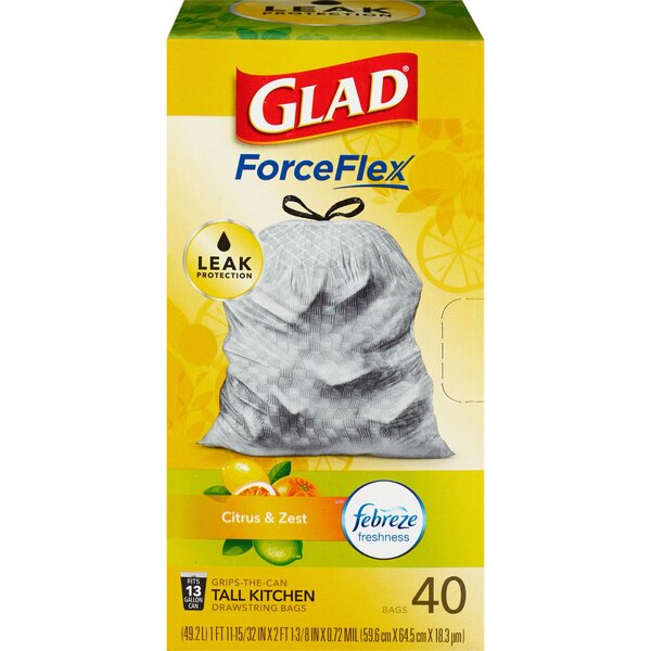 Glad ForceFlex 13-Gallon Tall Kitchen Trash Bags, 40 CT